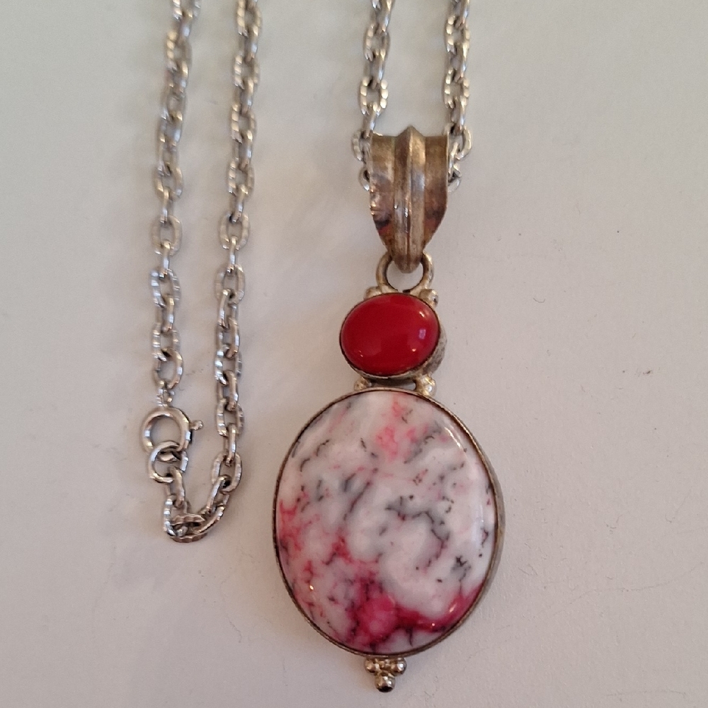 Pink Dendrite And Coral Colored Stone Necklace